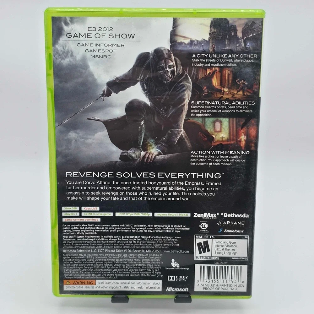 Dishonored - Microsoft Xbox 360 Video Game - Complete w/ Manual CIB Tested